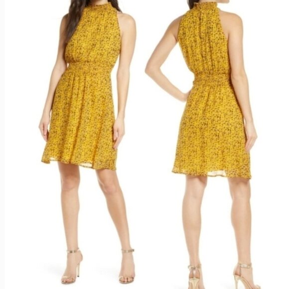 NWT Sam Edelman High Neck Smocked Yellow Floral Mini Dress Sz .6 - Picture 1 of 4